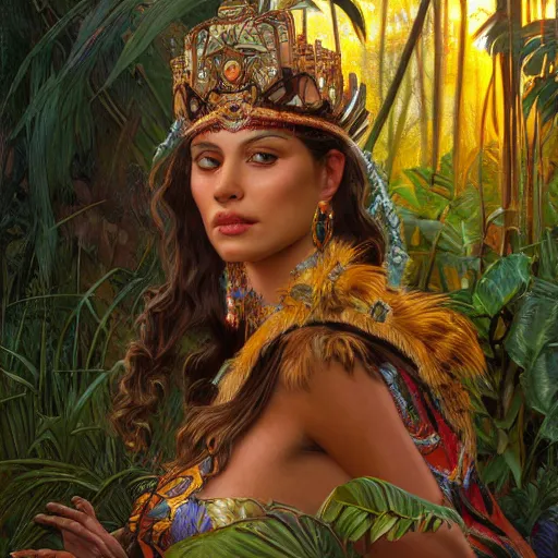 Prompt: portrait of a beautiful alluring female aztec queen in a dense jungle at sunset, detailed, centered, digital painting, artstation, concept art, donato giancola, alphonse mucha, Joseph Christian Leyendecker, WLOP, Boris Vallejo, Breathtaking, 8k resolution, extremely detailed, beautiful, establishing shot, artistic, hyperrealistic, beautiful face, octane render