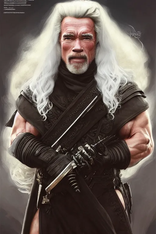 Image similar to arnold schwarzenegger with white hair and beard as a member of the teutonic order, fantasy, intricate, elegant, artstation, concept art, smooth, sharp focus by huang guangjian and gil elvgren and sachin teng, 8 k