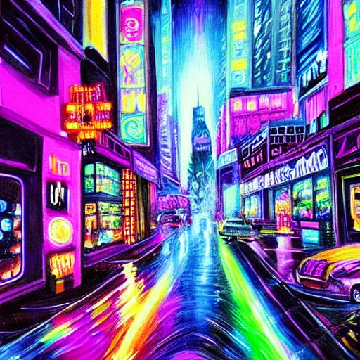 Prompt: realistic painting neon city black light highly detailed trending on art station