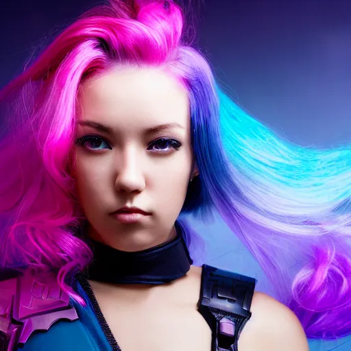 Image similar to a stunning high shutter speed action upper body portrait of a beautiful woman with a ombre purple pink hairstyle with hair flying wearing futuristic navy blue and teal battle bodyarmor and pauldrons by marvel comics, outrun, vaporware, action photography, highly detailed, fine detail, intricate, digital art, trending on artstation