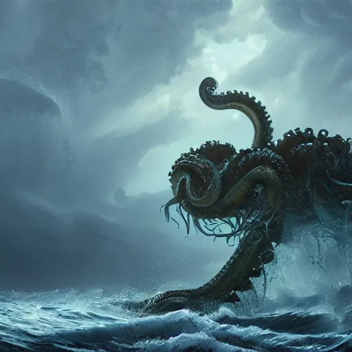 Image similar to a kraken rising out of a stormy sea, au naturel, hyper detailed, digital art, trending in artstation, cinematic lighting, studio quality, smooth render, unreal engine 5 rendered, octane rendered, art style by klimt and nixeu and ian sprigger and wlop and krenz cushart