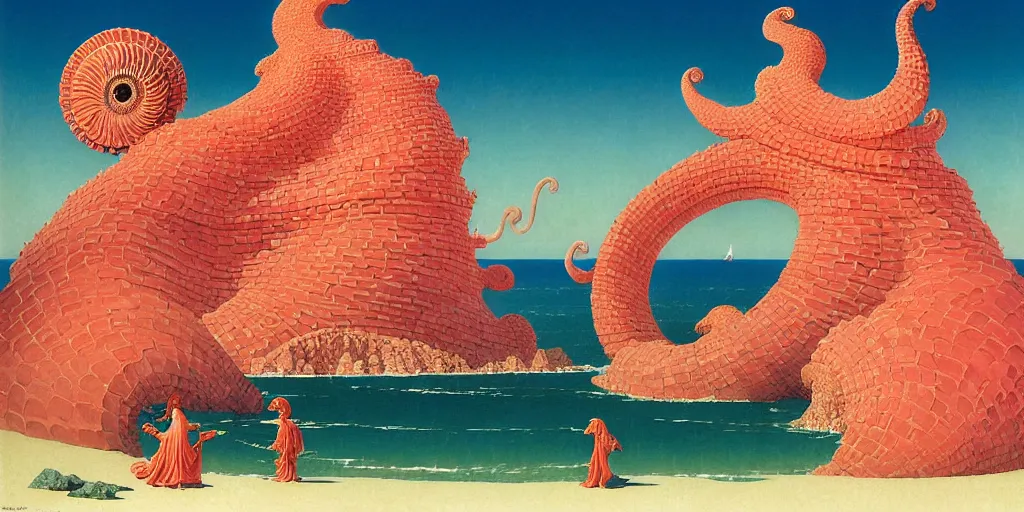 Prompt: the ammonite sorceress clad in coral armor exacts revenge on the child's sand castle send wondrous waves of destruction onto the irreverent land by kawase hasui, dorothea tanning, moebius, edward hopper and james gilleard, aivazovsky, zdzislaw beksinski, steven outram colorful flat surreal design