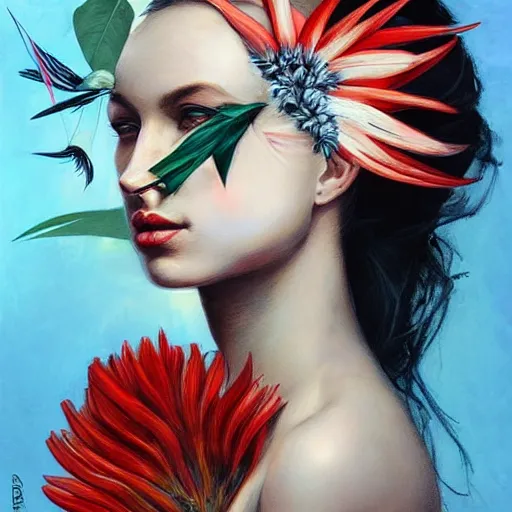 Prompt: portrait of beautiful woman with bird of paradise flower covering her face, art by marco mazzoni, dark background, asymmetrical, colors red white blue and black