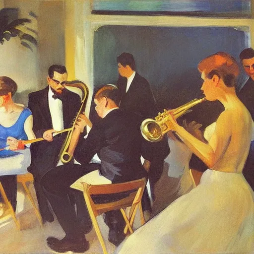 Image similar to painting of jazz group ( 1 9 5 9 ) by joaquin sorolla and edward hopper