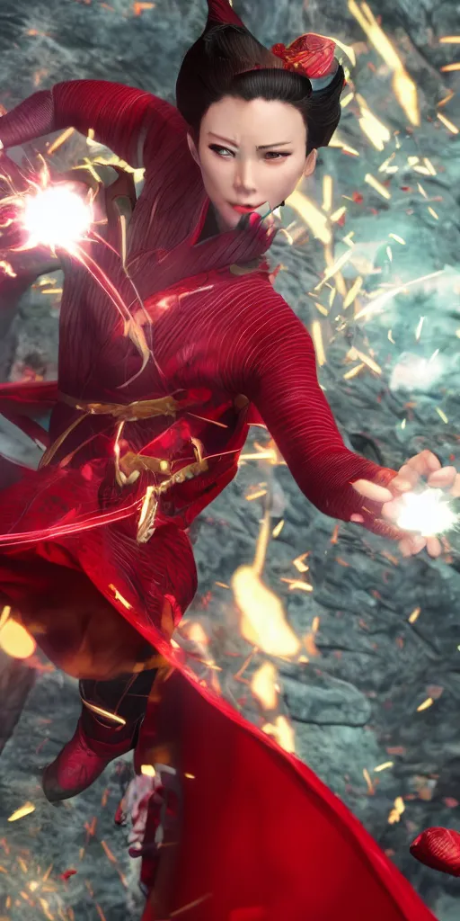 Prompt: A superhuman wearing a kimono fighting Scarlett Witch, unreal engine