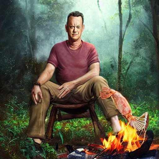 Image similar to Tom Hanks as forrest holding a giant shrimp over a campfire in the jungle, realistic digital painting, in the style of Aleksi Briclot, photoreailstic, realistic face, amazing detail, sharp