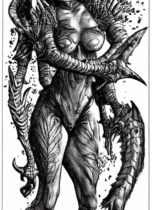 Prompt: dana scully as a D&D monster, full body, pen-and-ink illustration, etching, by Russ Nicholson, DAvid A Trampier, larry elmore, 1981, HQ scan, intricate details, Monster Manula, Fiend Folio