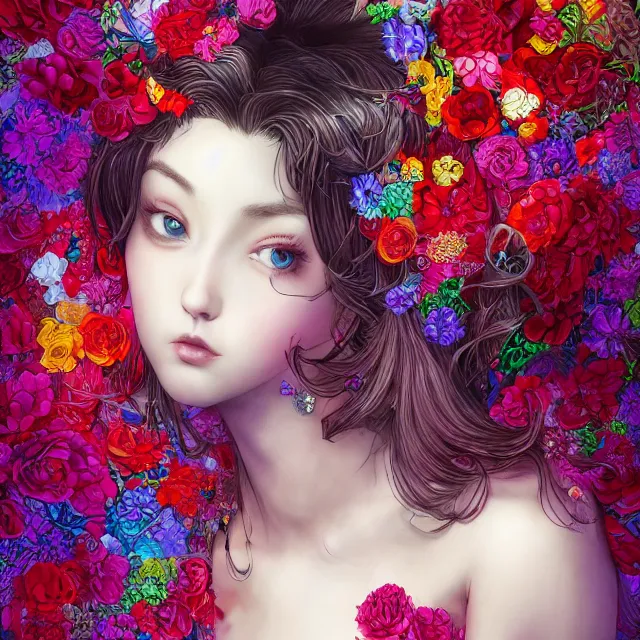 Prompt: studio portrait absurdly beautiful, elegant, lovely, young hypercolorful sensual gravure idol rubies red petals gems, ultrafine hyperrealistic detailed face illustration by kim jung gi, irakli nadar, intricate linework, sharp focus, bright colors, matte, octopath traveler, final fantasy, unreal engine highly rendered, global illumination, radiant light, intricate rainbow environment