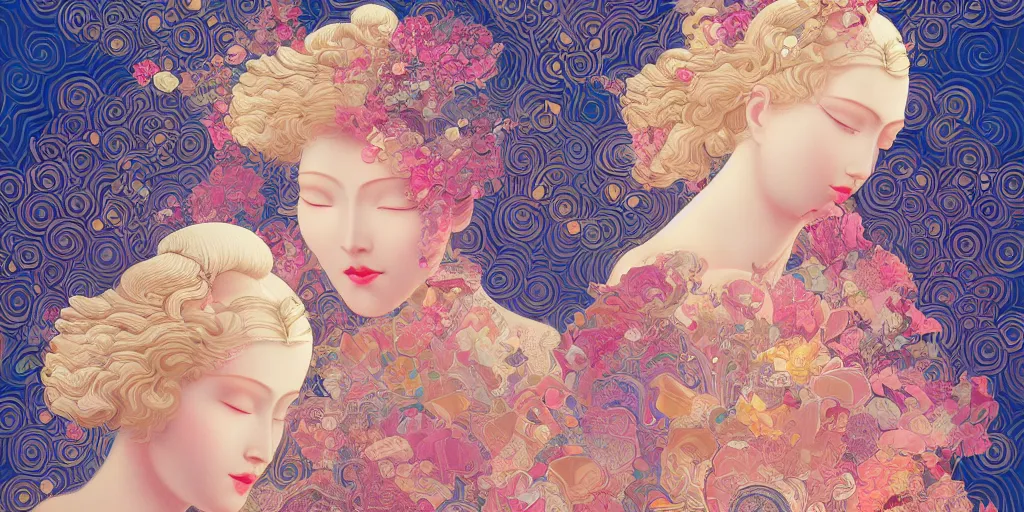 Image similar to breathtaking detailed concept art painting art deco pattern of blonde faces goddesses by hsiao - ron cheng, amalgamation flowers, bizarre compositions, kaleidoscope, exquisite detail, extremely moody lighting, 8 k