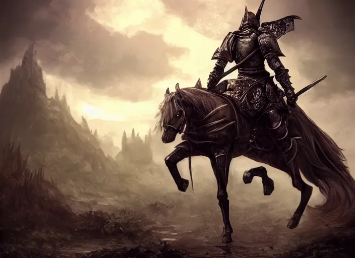 Image similar to knight on horseback, fantasy art, very detailed, beautiful, dark souls, lush landscape, trending on artstation, pixiv