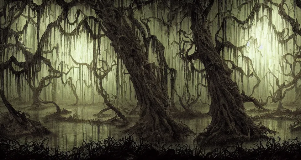Image similar to A dense and dark enchanted forest with a swamp, by Esao Andrew