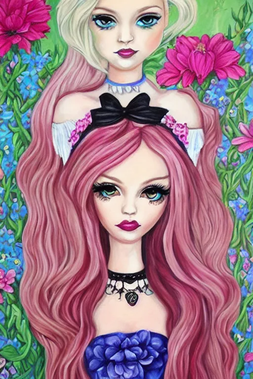 Prompt: portrait gothic barbie with flowers painted by jeremiah ketner