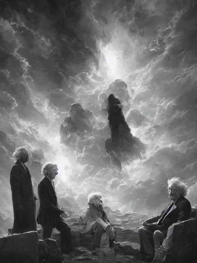 Image similar to Albert Einstein and Alan Watts having a metaphysical discussion, hyperdetailed artstation cgsociety by greg rutkowski and by Gustave Dore