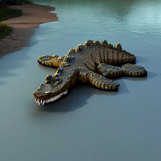 Prompt: crocodile made of ice cream, 3 d model, unreal engine, highly detailed, on a riverbank, hyperealistic, octane render, concept art, artstation, dusk lighting, realistic shadows