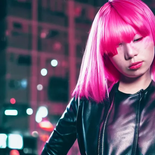 Prompt: wide angle photo of a girl with pink hair in tight leather clothes in tokyo street, night, cinematic, cyberpunk