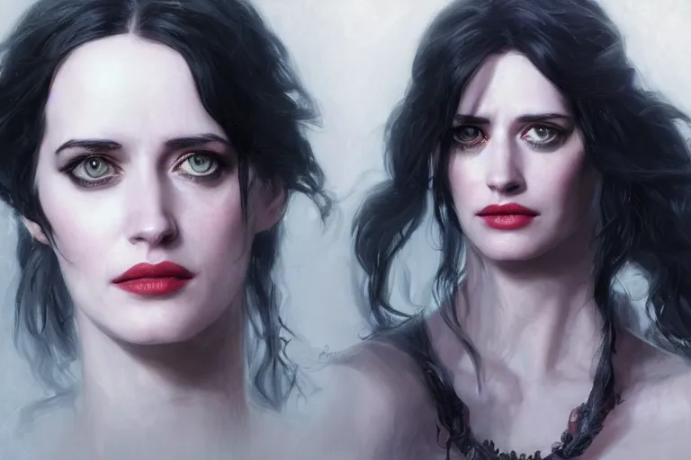 Prompt: A portrait Eva Green as Yennefer from the Witcher by Ruan Jia and Mandy Jurgens and Artgerm and william-adolphe bouguerea, highly detailed, trending on artstation, award winning, H 768