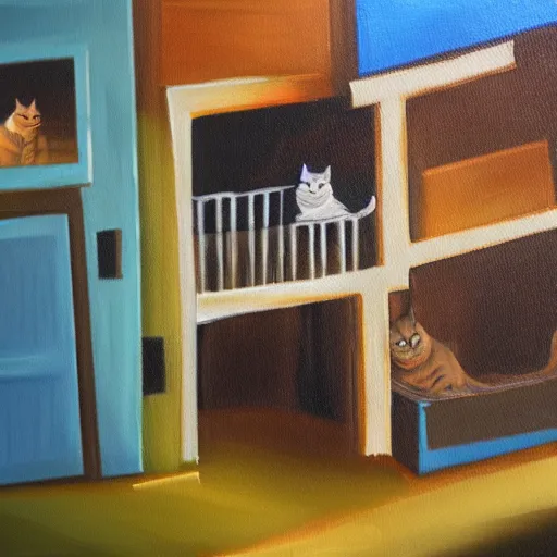 Prompt: an abstract oil painting of a cat hotel, cinematic, concept art