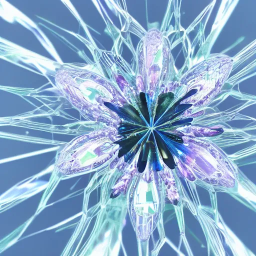 Image similar to photograph of a crystal emanation flower, hyper-realistic, ultradetailed