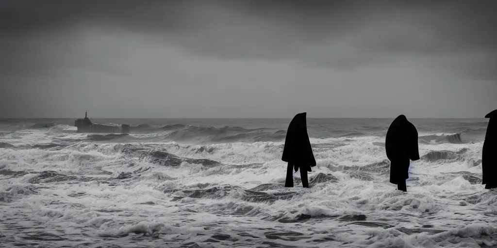 Prompt: super gloomy beach with impenetrable forest inland and violent waves off shore. The grim reaper standing next to men on pikes vlad the impaler in the front right, depressive atmosphere