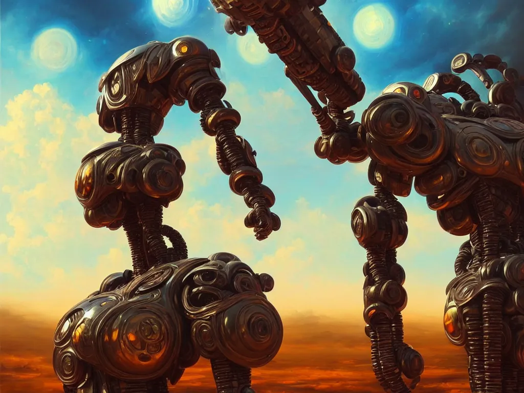 Prompt: a beautiful oil on canvas of a futuristic afrofuturisticb robot soldier, ornate, detailed, intricate, beautiful, post - apocalyptic landscape in the background, epic sky, vray render, artstation, deviantart, pinterest, sci - fi, afrofuturism, 5 0 0 px models