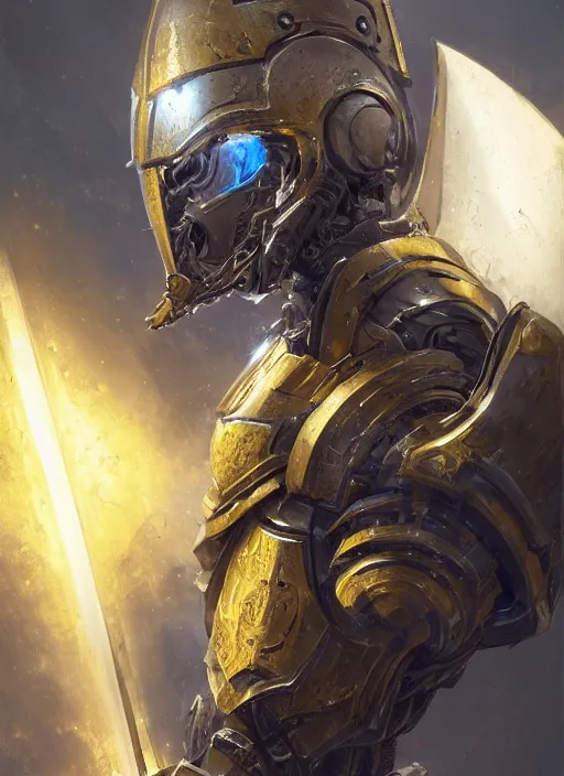 Image similar to dynamic abstract portrait of a intricate glorious holy mechanical warforged character in yellow armor holding a paladin engraved great longsword drawn and carrying a big paladin shield, spotlight from face , epic , trending on ArtStation, masterpiece, cinematic lighting, by Ross Tran and by Greg Rutkowski
