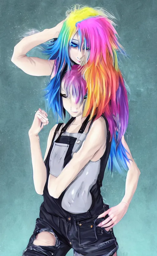 Prompt: anime, grungy woman with rainbow hair, drunk, angry, soft eyes and narrow chin, dainty figure, long hair straight down, torn overalls, booty shorts, combat boots, fishnets stockings, torn pantyhose, basic white background, side boob, in the rain, wet shirt, symmetrical, single person, style of by Jordan Grimmer and greg rutkowski, crisp lines and color,