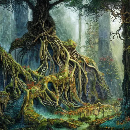 Image similar to a beautiful and highly detailed oil painting of an elven forest temple in the misty mountains, detailed plants and trees and flowers, intricate details, epic scale, insanely complex, 8 k, sharp focus, hyperrealism, fantasy landscape, psychedelic patterns, by caspar friedrich and james gurney,