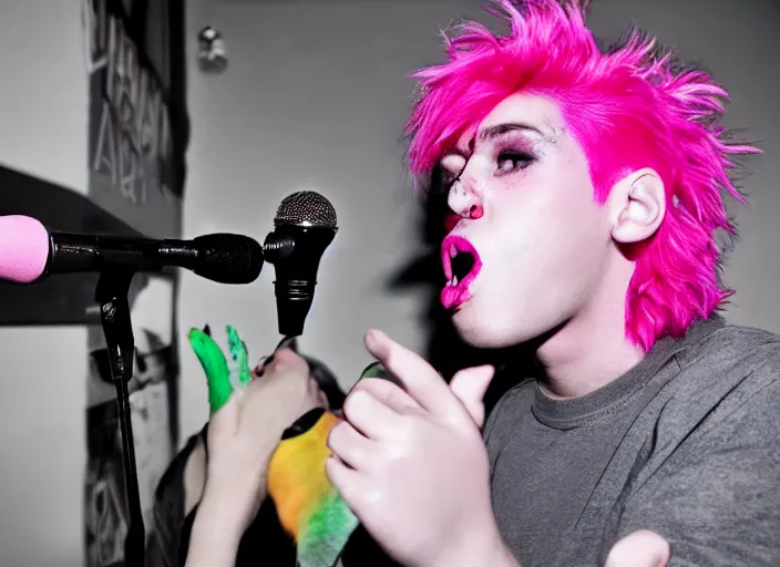 Image similar to a punk boy with pink hair and green lipstick singing karaoke with a pigeon on his shoulder