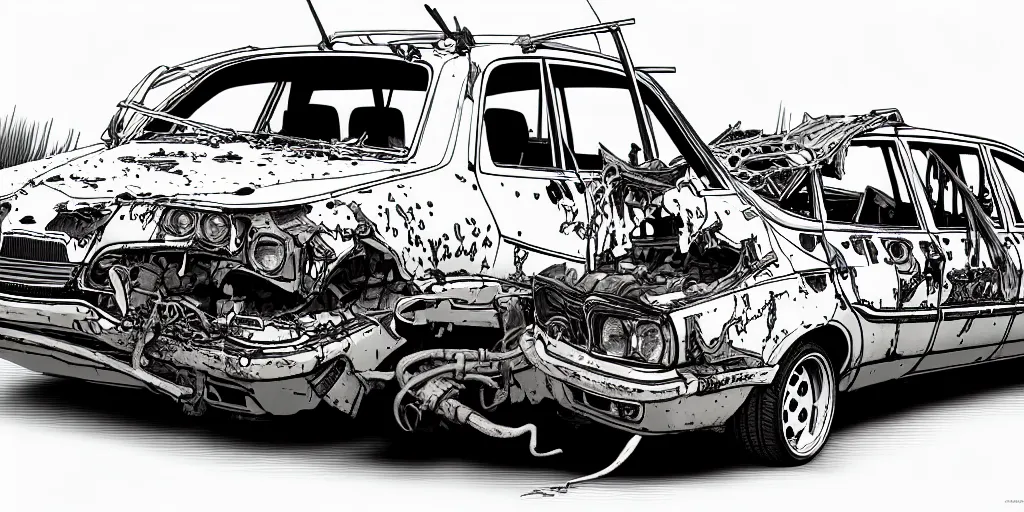 Prompt: a big woman axolotl in burning wrecked mercedes 1 2 4, ultrafine hyperdetailed illustration by kim jung gi