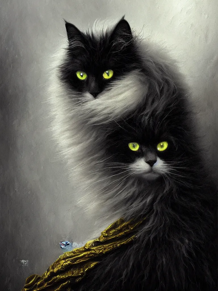 Image similar to highly detailed oil painting | very intricate | cinematic lighting | black, white and blood color scheme, dark background | portrait of a exquisite beautiful white fluffy cat with yellow eyes, gothic fog ambience, hyper realistic head, fantasy victorian art, in the style of greg rutkowski, zdizslaw beksinski, intricate, alphonse mucha