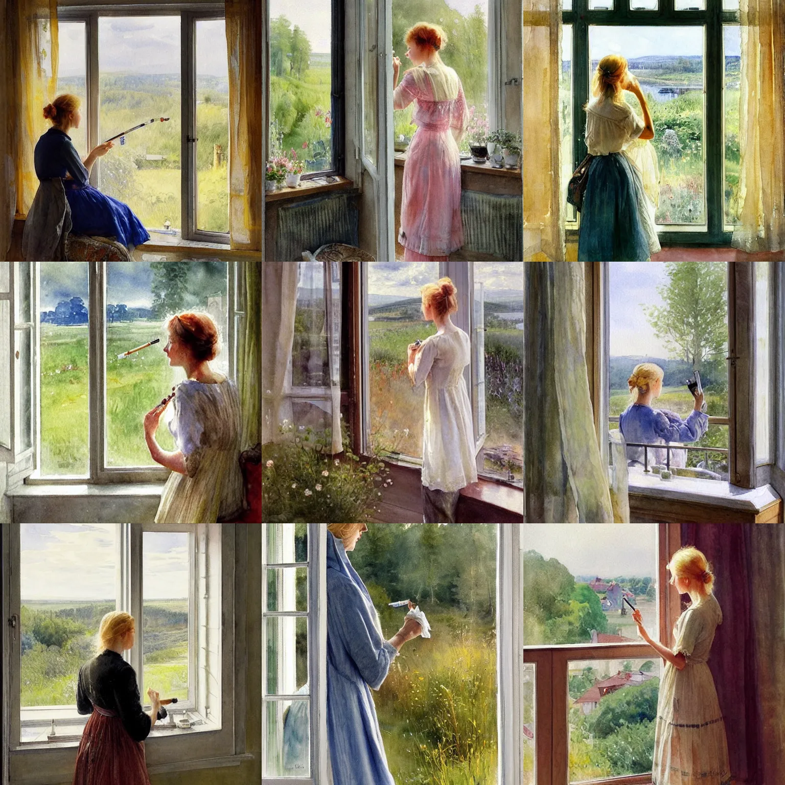 Prompt: blonde woman smoking a cigarette while looking out through the window, swedish countryside, seaview, morning, calm, watercolor painting by vladimir volegov, carl larsson, anders zorn