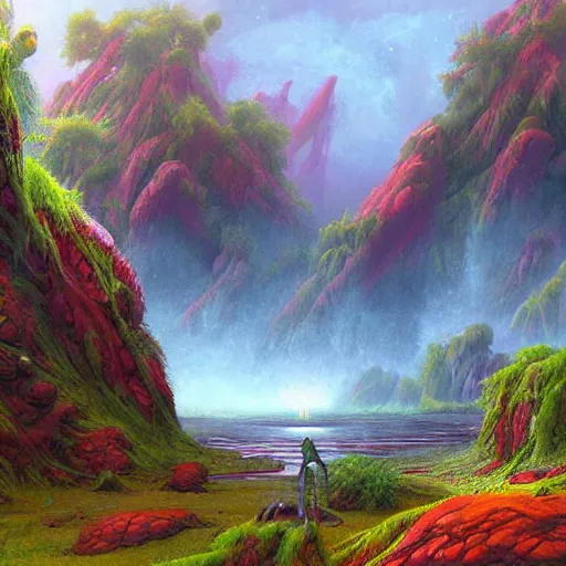 Prompt: digital painting of a lush wet natural scene on an alien planet by gerald brom. digital render. detailed. beautiful landscape. colourful and weird.