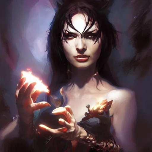 Image similar to a beautiful artwork of a dark sorceress performing magic, by raymond swanland and jesper ejsing, featured on art station, lighting study, concept art, beautiful composition, rim light, face study