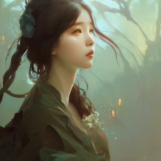 Image similar to IU, Lee Ji-Eun, very detailed, digital art, concept art, studio quality, ethereal, art style by Greg Rutkowski and Alphonse Mucha