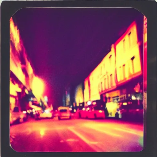 Prompt: colorful instant photograph of the middle of the street at night, polaroid, light leak, raw, nostalgic