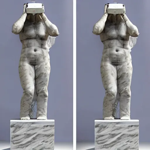 Image similar to a marble statue wearing virtual reality headsets, realistic, detailed, head in frame