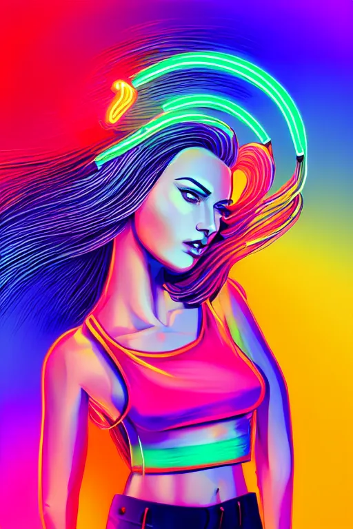 Image similar to a award winning half body portrait of a beautiful woman with stunning eyes in a croptop and cargo pants with rainbow colored ombre hairstyle head in motion and hair flying by thomas danthony, surrounded by whirling illuminated neon lines, outrun, vaporware, shaded flat illustration, digital art, trending on artstation, highly detailed, fine detail, intricate