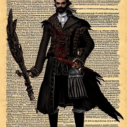 Image similar to Drawing of Male Victorian Gothic Pirate on vintage parchment paper, hd, intricate, bloodborne, 8k, digital art