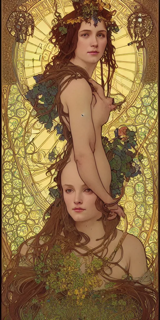 Image similar to a portrait of a beautiful female godess of spring, tarot card style, by Mohrbacher and Moebius and Alphonse Mucha and Roger Deakins, cinematic lighting, masterpiece, highly detailed, 8k resolution, trending on art station