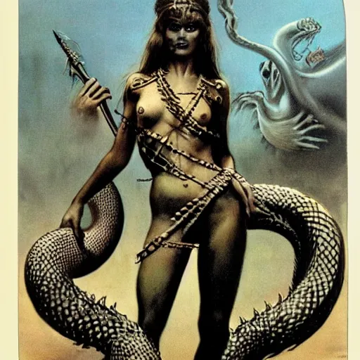 Image similar to illustrated by Boris Vallejo and H.R. Giger | Beautuful vintage photo of a warrior-girls with snakes and demons surrounded