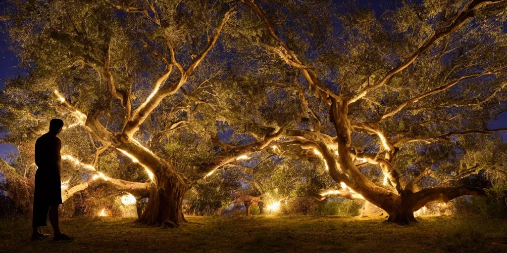 Prompt: Medium shot of a tall muscular man in a tunic looking at a large tree with bright, light fruit, night, cinematic lighting, 8k, high depth of field, detailed, hyperrealistic, very realistic