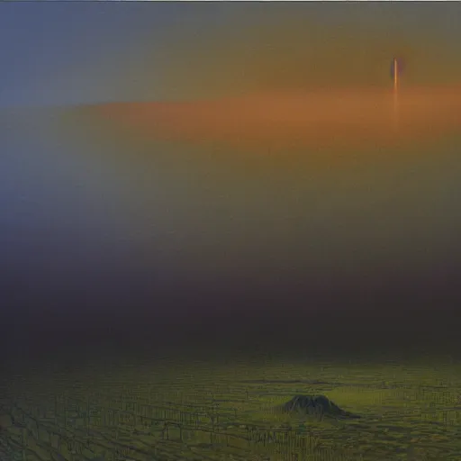 Image similar to A Landscape by Zdzisław Beksiński and Peter Elson