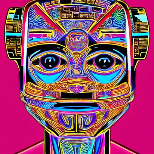 Image similar to hyperdetailed portrait of a aztec futurism punk robot head, 8 k, symetrical, flourescent colors, halluzinogenic, multicolored tshirt art, black background