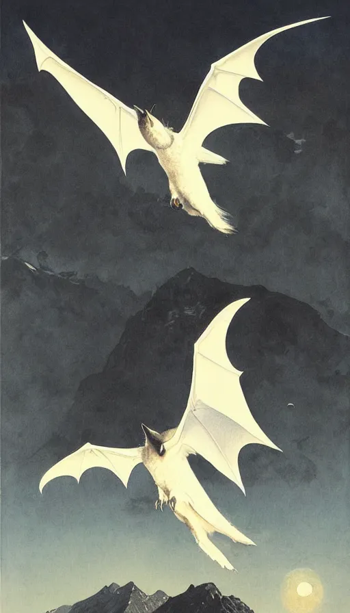 Image similar to a white bat, flying against a black night sky, mountain in the background, moonlight, denoised, very detailed, painted by james gurney, norman rockwell, tom bagshaw