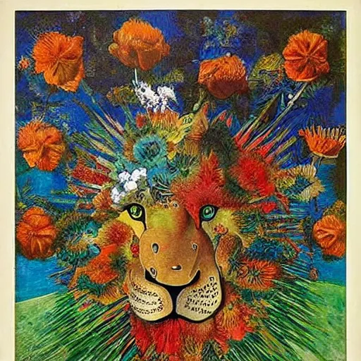 Image similar to decalcomania lion and flowers, beautiful art by max ernst,