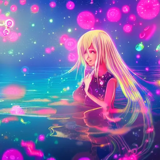 Image similar to psychedelic, whimsical, anime, 4k, beautiful intimate woman with professional makeup, long trippy hair, a crystal and flower dress, bathing in a reflective pond, underneath the stars, rainbow fireflies, trending on patreon, deviantart, twitter, artstation, volumetric lighting, heavy contrast, art style of Ross Tran and Ilya Kuvshinov