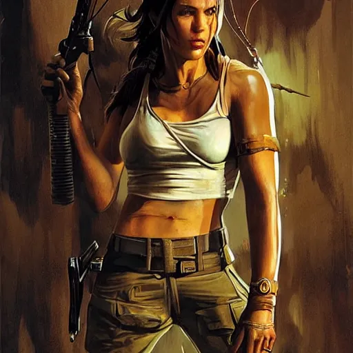 Prompt: Ricky Gervais as Lara Croft (tomb raider, 1996), full body portrait by Karol Bak, Syd Mead and Raphael Lacoste, rich colors, neon digital art