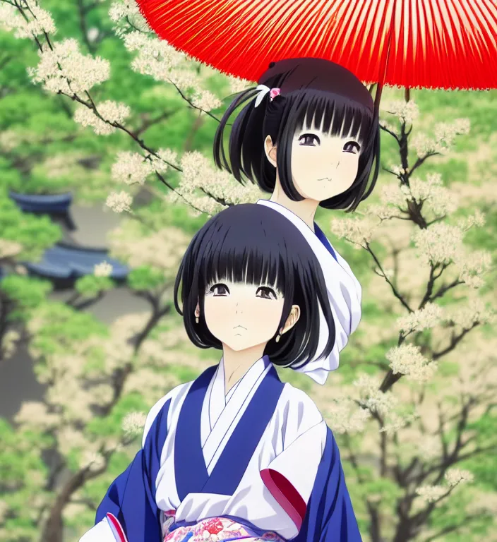 Image similar to anime visual, full body portrait of a japanese woman in traditional clothes outside a temple sweeping the ground, cute face by ilya kuvshinov, yoshinari yoh, makoto shinkai, katsura masakazu, dynamic perspective pose, detailed facial features, kyoani, rounded eyes, crisp and sharp, cel shad, anime poster, ambient light