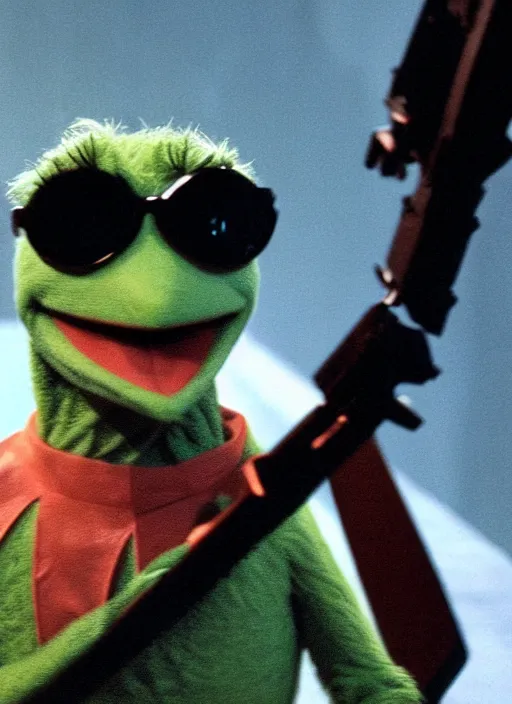 Prompt: film still of (Kermit the Frog) as The Terminator in Terminator, 4k