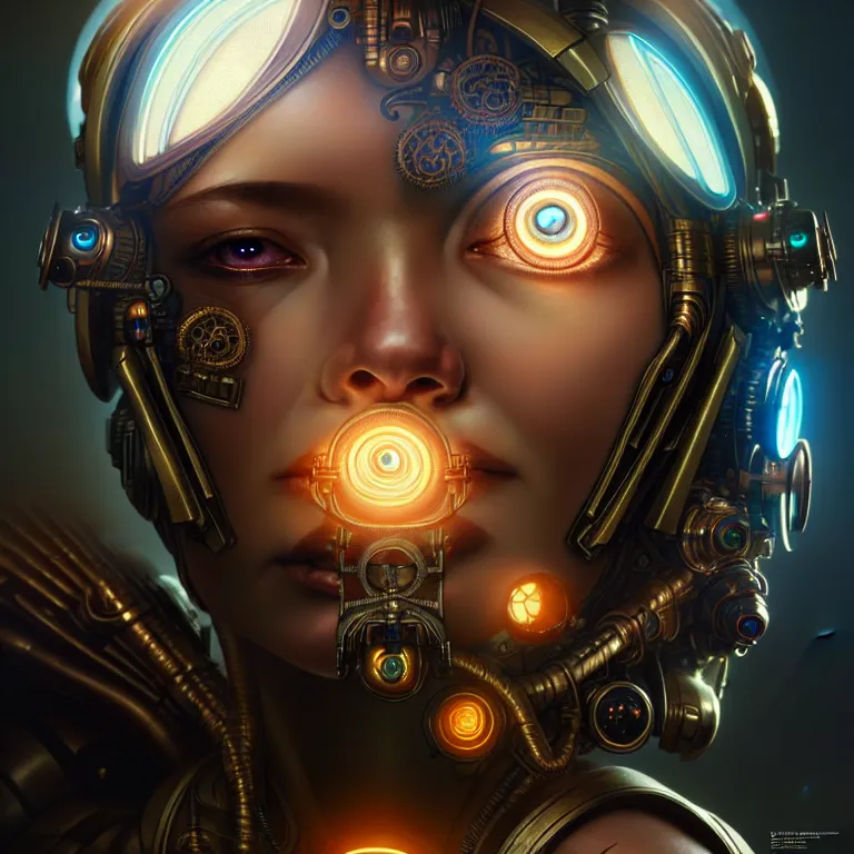 Image similar to ultra realistic beautiful cyborg deity eyes closed, scifi, cyberpunk, fantasy, intricate details, movie still, highly detailed, photorealistic, octane render, eerie, 8k, art by artgerm and alphonse mucha and greg rutkowski